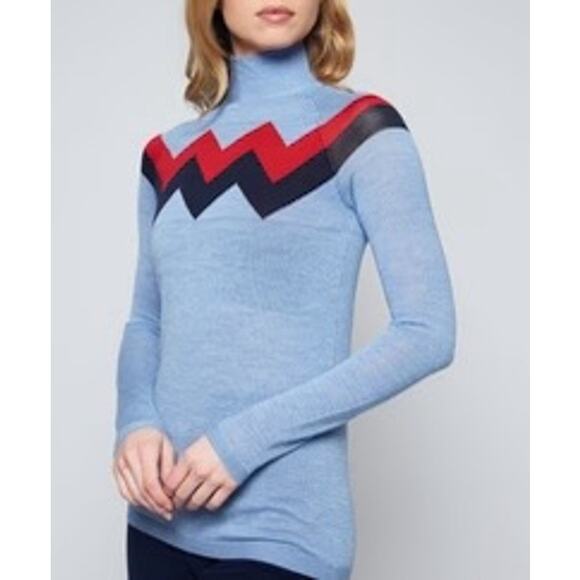 The L’ETOILE Chevron Mock Neck Sweater with Red, Light Blue, & Navy Size XS - Picture 3 of 4